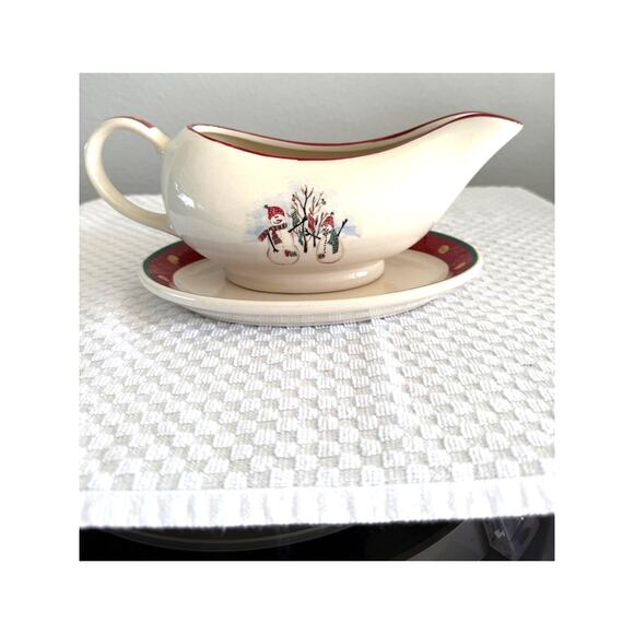 Royal Seasons Stoneware Snowman Scene Gravy/Sauce Boat & Drip Plate-Holidays EUC - Picture 1 of 7